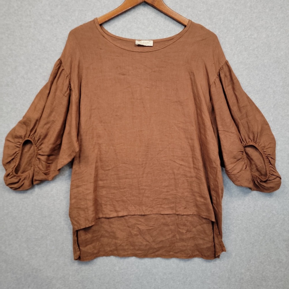 Bella Umbra Italy Brown Linen Blouse Balloon Sleeve Oversized High Low Top Sz S